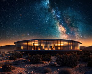 A modern, ovalshaped building composed of glass panels and a metal frame, located in a stark desert setting at nightadd The sky above is a canvas of stars with the Milky Way clearly visibleadd Created - obrazy, fototapety, plakaty