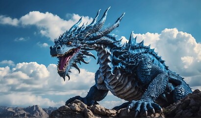 giant blue dragon flying in the sky background from Generative AI - obrazy, fototapety, plakaty