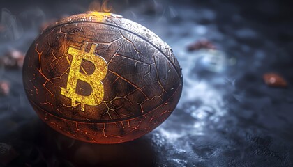 Digital illustration of a cracked spherical object with a glowing Bitcoin symbol, representing cryptocurrency concepts. - obrazy, fototapety, plakaty