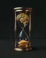Conceptual art piece depicting a human brain transforming into sand within a golden hourglass, symbolizing time and thought. - obrazy, fototapety, plakaty