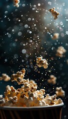 Dynamic image of popcorn exploding mid-air from a striped container against a sparkling bokeh background. - obrazy, fototapety, plakaty