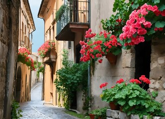 Fototapeta na wymiar Narrow street with flowers in the old town of Bergamo, Italy