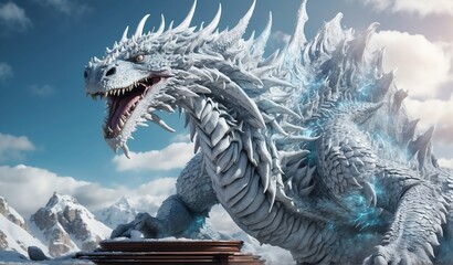 giant icy cold white dragon background from Generative AI - obrazy, fototapety, plakaty