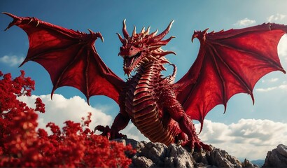 giant red dragon flying in the sky background from Generative AI