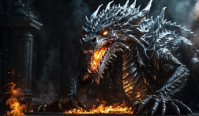 giant silver dragon breathing fire background from Generative AI - obrazy, fototapety, plakaty