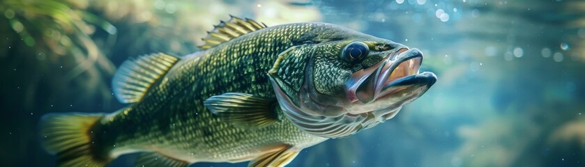A largemouth bass fish is swimming in the water with its mouth open.