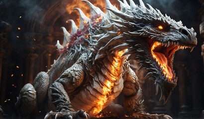 giant white dragon breathing fire background from Generative AI - obrazy, fototapety, plakaty