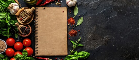 Notepad containing your recipe with herbs and spices on a black stone background. View from above with space for additional text.