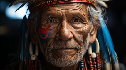 portrait of elderly indigenous man, with feather decorations in his hair
