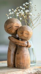 Express the wooden dolls relief with a subtle sigh and relaxed stance as it receives comforting words from a friend.
