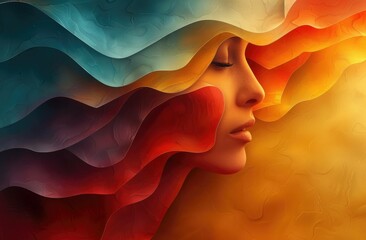 Obraz premium Emotive Spectrum: Stylized Human Profiles in Fluid Color Gradient Waves from Cool Blues and Purples to Warm Oranges and Reds