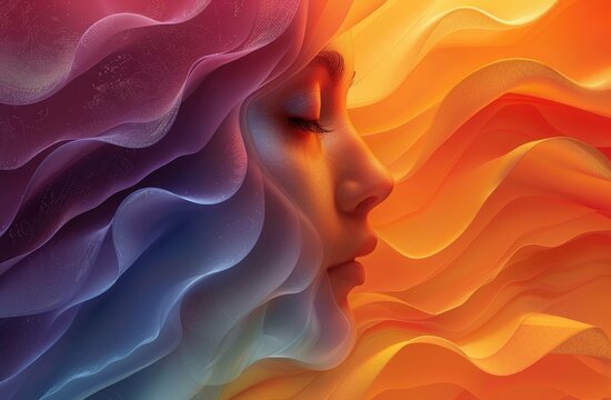 Emotive Spectrum: Stylized Human Profiles in Fluid Color Gradient Waves from Cool Blues and Purples to Warm Oranges and Reds