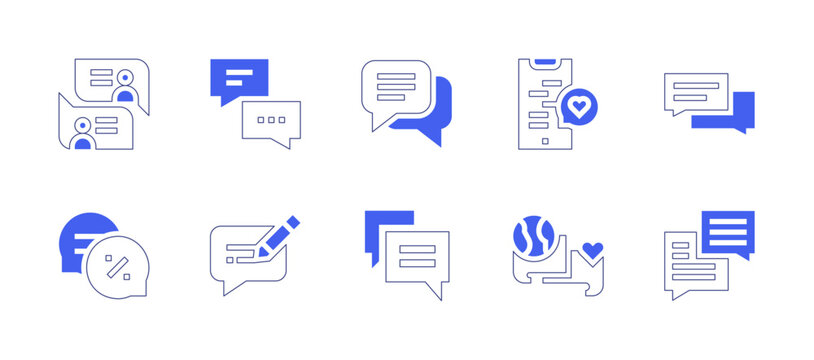 Messaging icon set. Duotone style line stroke and bold. Vector illustration. Containing conversation, chat, speech bubble, message, dialog, communications, blog.