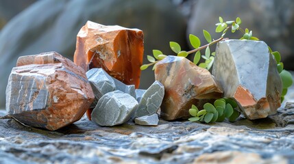 A serene composition of unpolished minerals, focusing on their unique shapes and earthy tones, with a hint of green foliage for a natural look