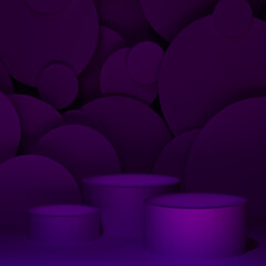 Abstract stage for presentation skin care products - three round podiums mockup in gradient dark purple violet glowing light, bubbles fly as decor. Template for displaying in rich luxury style.