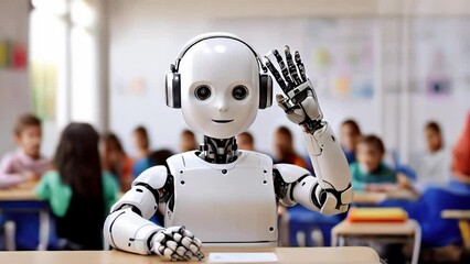 A robot with artificial intelligence is sitting in a school classroom with elementary school students. The back to School concept