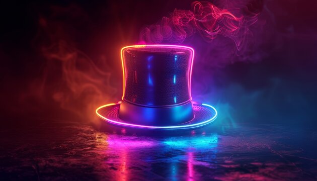 A hat with neon lights on it is lit up in a dark room by AI generated image