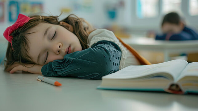 The child fell asleep on the desk doing his homework.