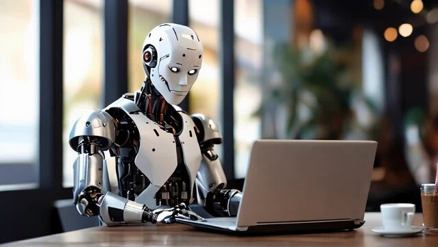 A robot that works on a laptop in a modern cafe. The concept of future technologies in the modern world is already among us. Artificial intelligence has been created.	