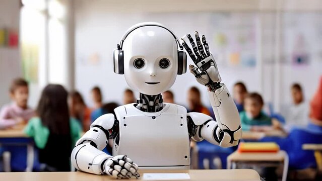 A robot with artificial intelligence is sitting in a school classroom with elementary school students. The back to School concept