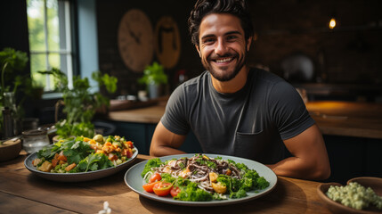 Bearded man with happy expression eating in his kitchen
