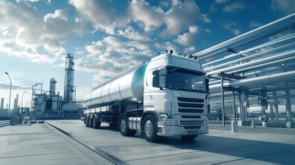 A white industrial tanker truck parked in an industrial plant with steel pipelines and towers under a cloudy sky.