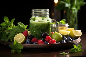 Green juice in a glass jar with straw and fresh fruits in a healthy coffee., generative IA