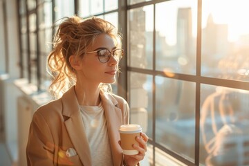 A woman in formal wear and glasses holds a cup of coffee, gazing out the window