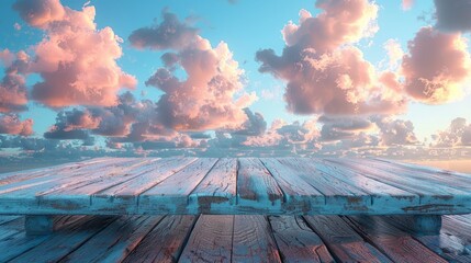 wooden terrace with beautiful view blue sky and pink cloud, copy space for display of product or object presentation and advertisement concept - obrazy, fototapety, plakaty