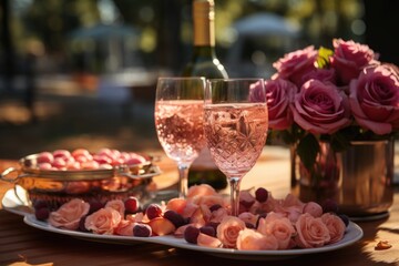 Rosé sparkling wine in a delicate bowl, in a picnic in the park., generative IA