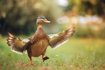 Funny duck running in the garden or the park, flapping its wings, rushing.