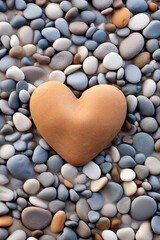 Heart-shaped pebbles arranged on a sandy beach, with waves in the background сreated with Generative Ai