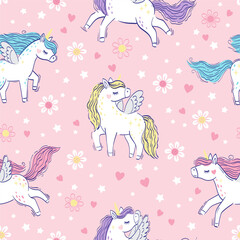White unicorn with bright colors mane and tail. Vector seamless pattern with cute unicorns on a pink floral background © Nataliia