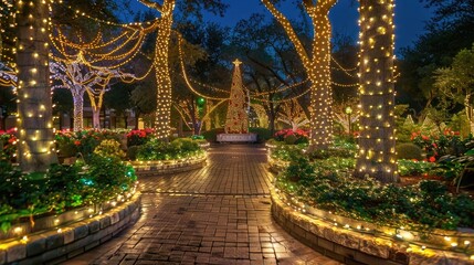 A whimsical holiday garden adorned with twinkling lights and festive decorations, with illuminated pathways winding past sparkling fountains and charming displays, creating a magical wonderland for ho