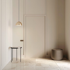 An entrance door in an apartment, with a minimalist interior design style featuring white walls, a light marble floor. There is also a pendant lamp above small table on one side, a gray stool nearby.