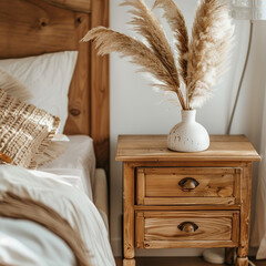 Close-up of pampas grass in a white vase on a wooden bedside table with two drawers next to a bed with a wooden headboard, white and beige bed linen, a knitted pillow, and a sconce on the white wall.