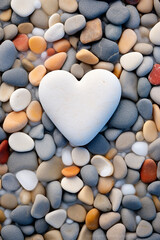 Heart-shaped pebbles arranged on a sandy beach, with waves in the background сreated with Generative Ai