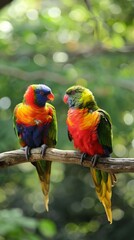 Two rainbow lorikeets are sitting on a branch and looking at each other.