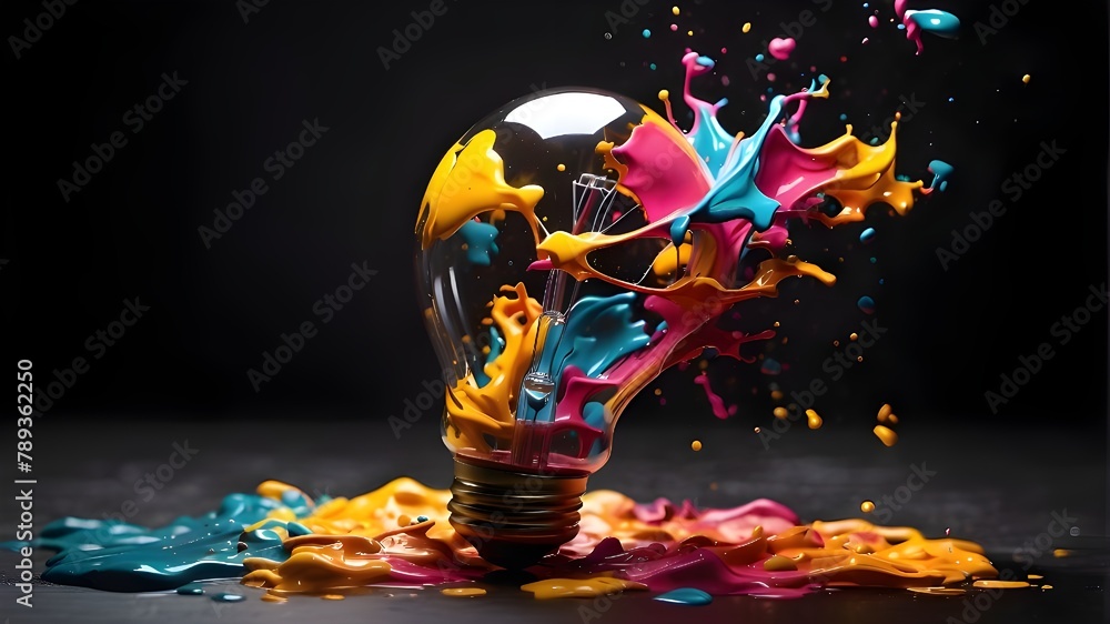 Poster an inventive lightbulb bursts into vibrant paint and splatters against a dark backdrop. consider unc