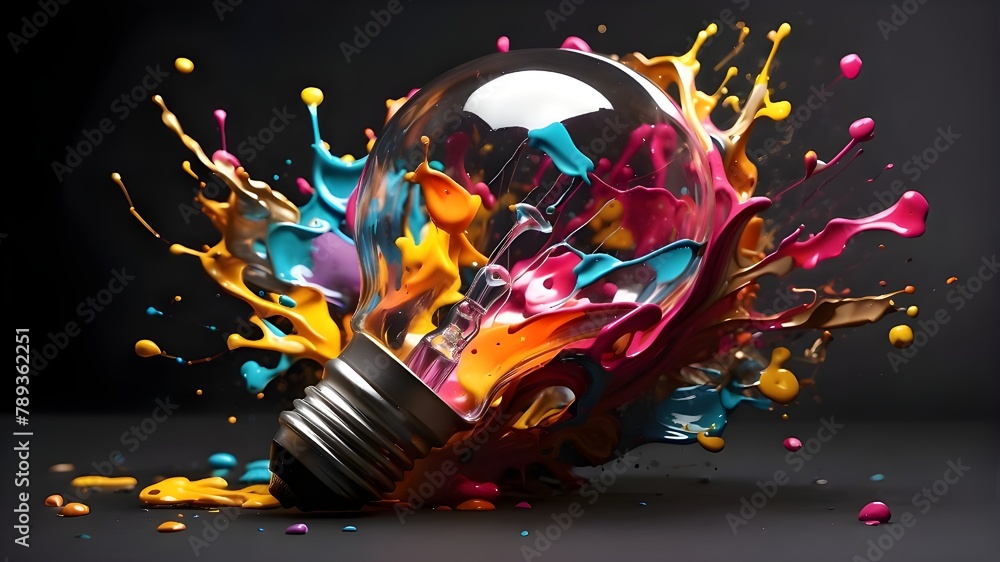 Poster an inventive lightbulb bursts into vibrant paint and splatters against a dark backdrop. consider unc