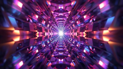 Capture the mesmerizing kaleidoscopic patterns of a tunnel filled with vibrant lights in a digital rendering, using CG 3D rendering techniques - obrazy, fototapety, plakaty