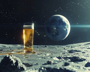 Beer glass floats weightlessly in the inky black of space, the Earth a distant backdrop The bottle is bathed in harsh lunar sunlight, - obrazy, fototapety, plakaty