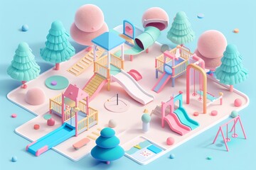 A 3D illustration of a whimsical playground scene, designed with soft pastel colors and geometric shapes. - obrazy, fototapety, plakaty