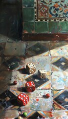 Bring nostalgia to life with a traditional oil medium, showcasing forgotten board games from an eye-level perspective, using rich textures and deep shadows - obrazy, fototapety, plakaty