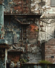 Capture the intricate textures of urban decay in a digital photorealistic rendering Showcase the gritty details and rugged beauty of decaying structures - obrazy, fototapety, plakaty