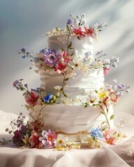 Decorating a multilayered wedding cake with edible flowers, framing composition, soft artificial light with diffuser, interior bakery in the morning - obrazy, fototapety, plakaty