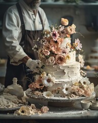 Decorating a multilayered wedding cake with edible flowers, framing composition, soft artificial light with diffuser, interior bakery in the morninga - obrazy, fototapety, plakaty