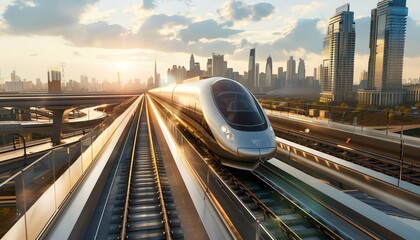 Capture the sleek lines and futuristic vibe of a high-speed rail network from a high-angle view in a photorealistic digital rendering Show the trains zooming through intricate cities and landscapes in - obrazy, fototapety, plakaty