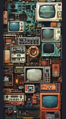 Craft a pixel art masterpiece depicting vintage analog technology in a detailed and vibrant composition, emphasizing the retro aesthetics of bygone eras through engaging colors and intricate patterns - obrazy, fototapety, plakaty