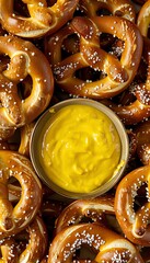 Closeup of salted pretzels and mustard dip, centered composition, overhead light emphasizing textures, sports bar during snack timea - obrazy, fototapety, plakaty